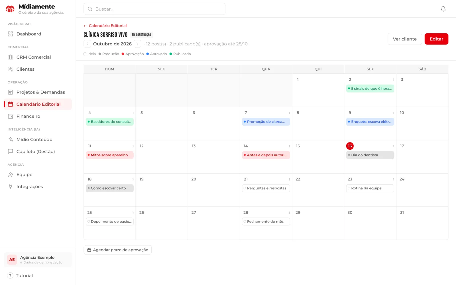 Calendário Editorial de um cliente na Mídiamente, com os posts do mês coloridos por etapa: ideia, produção, aprovação, aprovado e publicado.